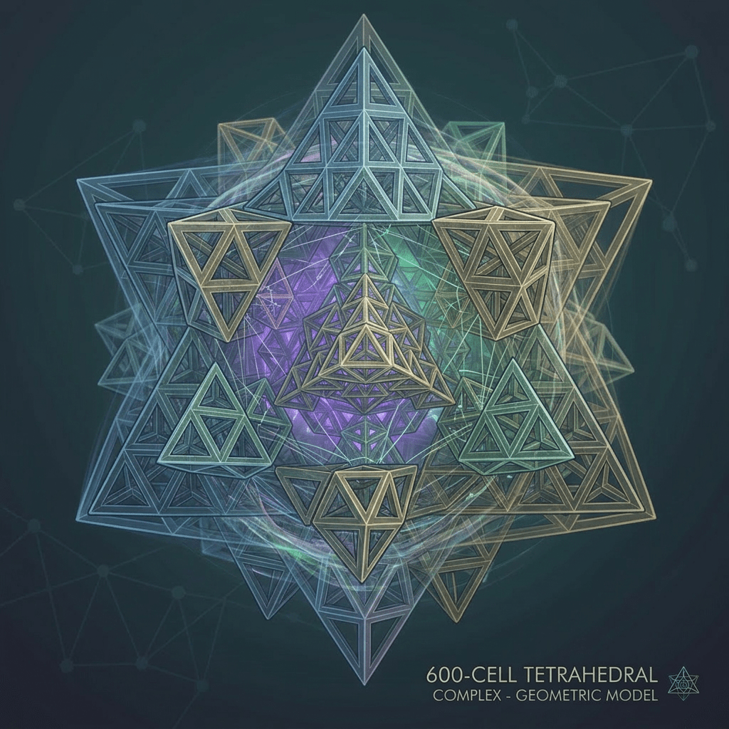 3D model of a complex 600-cell tetrahedral geometric structure with interlocking tetrahedrons in blue and beige.
